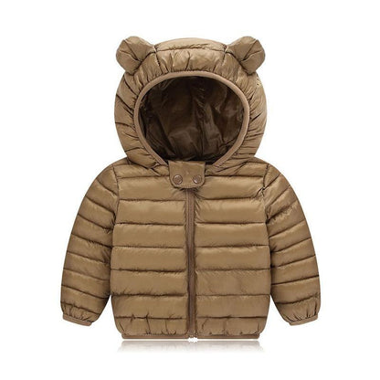Baby bear-ear hood puffer jacket in brown, Stevvex warm outerwear for boys and girls on Tampa Home & Garden Store