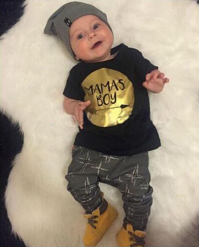 2-piece baby boy clothing set Stevvex: black tee with MAMAS BOY print gray plaid pants on Tampa Home & Garden Store