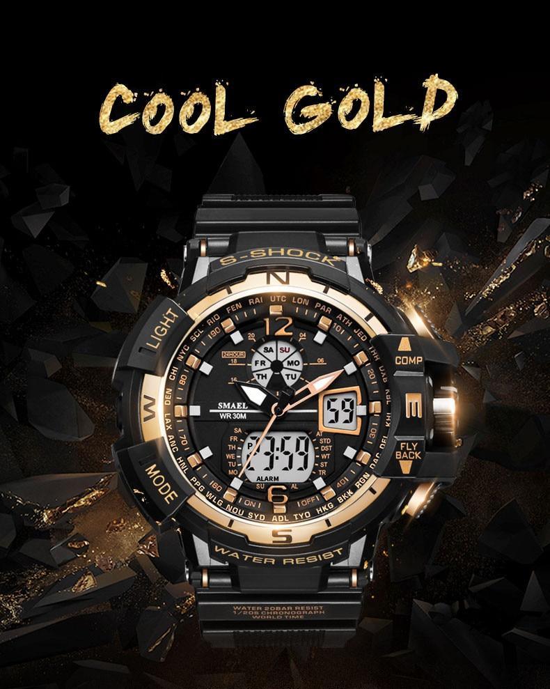 Sport watch Stevvex with LED digital display, black and gold rugged design, 50M water resistant on Tampa Home & Garden Store