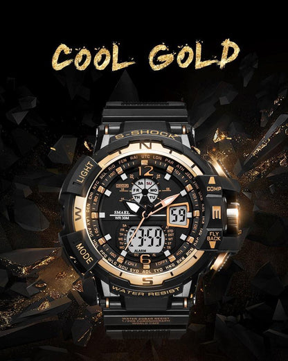 Sport watch Stevvex with LED digital display, black and gold rugged design, 50M water resistant on Tampa Home & Garden Store