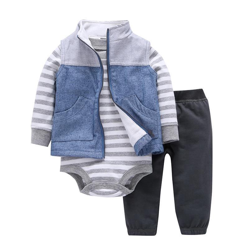 Stevvex baby 3-piece set: striped cotton bodysuit with denim hooded jacket and dark pants on Tampa Home & Garden Store
