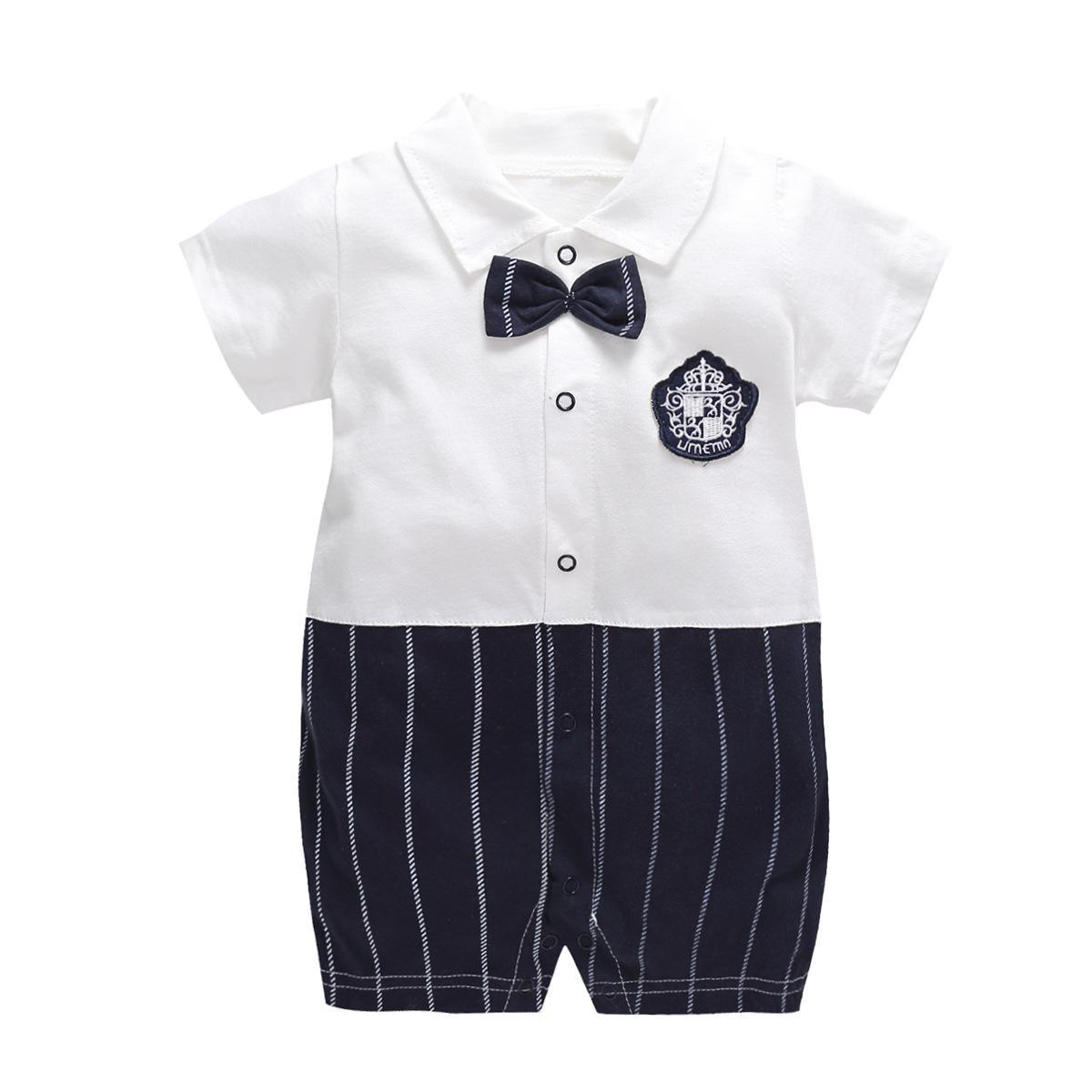 Stevvex baby romper jumpsuit white top navy striped bottom with bow tie and crest patch 0-12M on Tampa Home & Garden Store