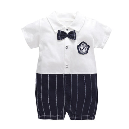 Stevvex baby romper jumpsuit white top navy striped bottom with bow tie and crest patch 0-12M on Tampa Home & Garden Store