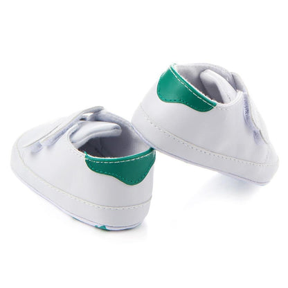 Stevvex white baby shoes with green heel accents, soft sole first-steps sneakers on Tampa Home & Garden Store