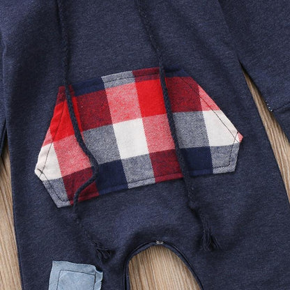 Stevvex navy baby romper jumpsuit with red plaid hooded pocket detail on Tampa Home & Garden Store