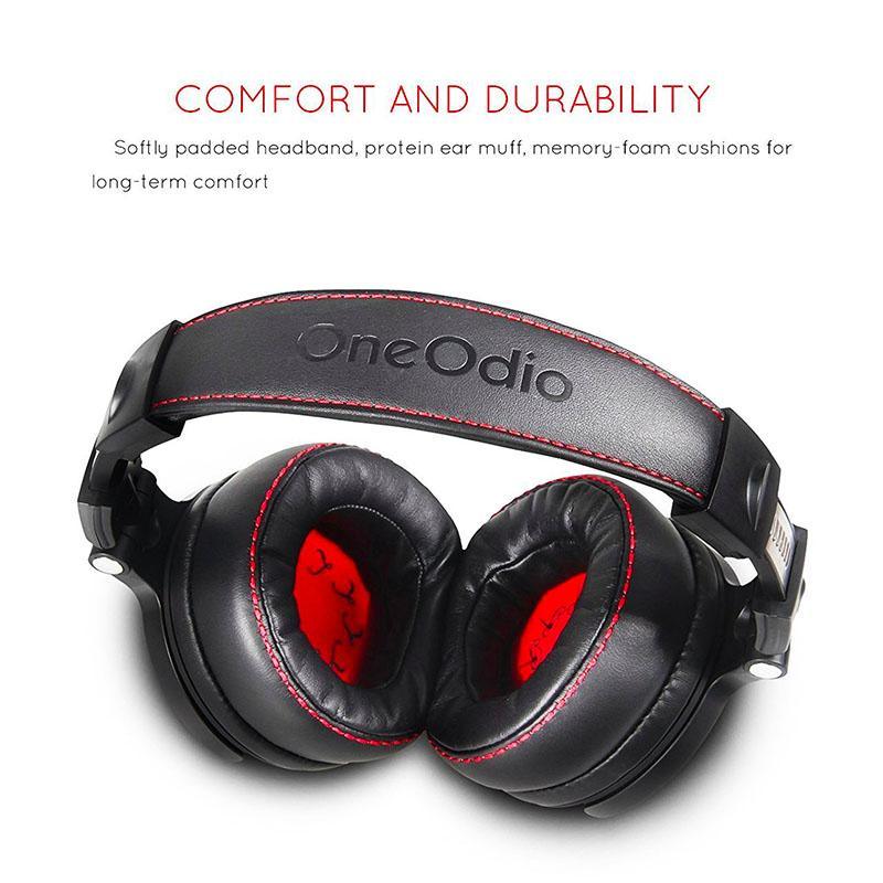 OneOdio over-ear headphones with black leather padding, red stitching, logo on headband on Tampa Home & Garden Store