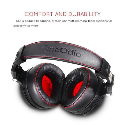 OneOdio over-ear headphones with black leather padding, red stitching, logo on headband on Tampa Home & Garden Store