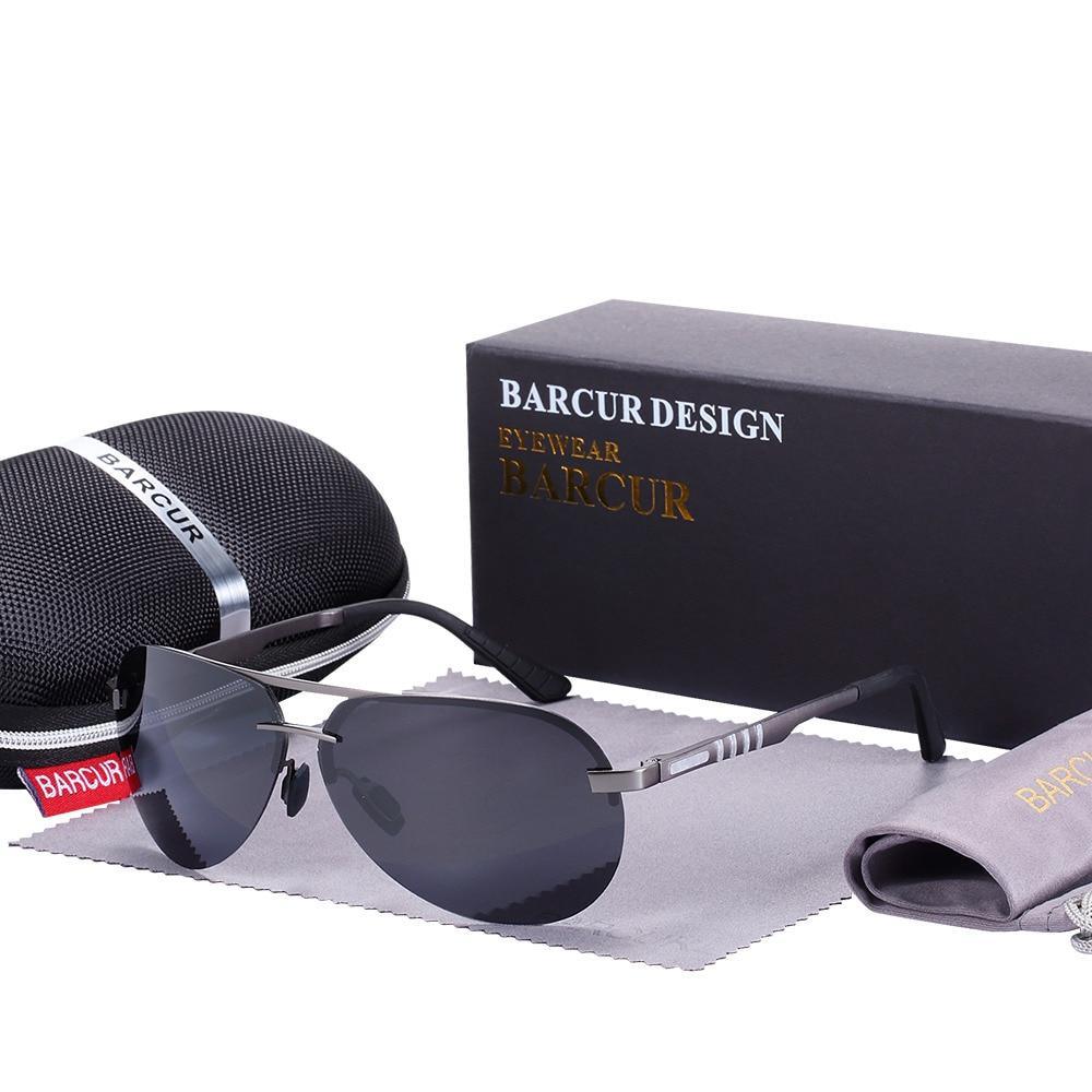 Barcur polarized aviator sunglasses with metal frame and gray lenses, includes case and box on Tampa Home & Garden Store