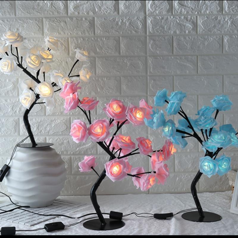 Stevvex rose-shaped table lamps trio in white, pink and blue blossoms on black stems on Tampa Home & Garden Store