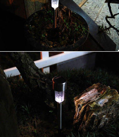 Stevvex ST10LM1829GLP stainless steel LED solar stake lights for landscape pathways purple glow on Tampa Home & Garden Store
