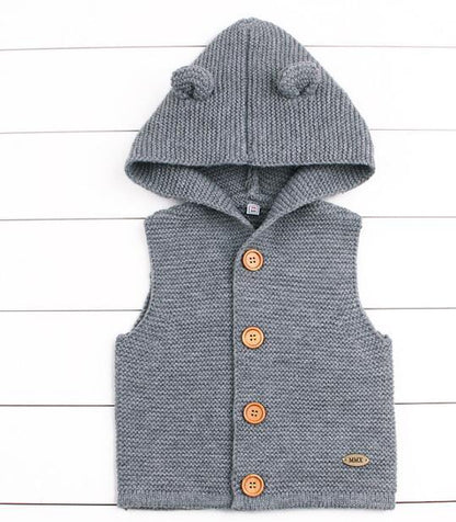 Gray knit hooded baby cardigan by Stevvex with wooden buttons for newborns on Tampa Home & Garden Store