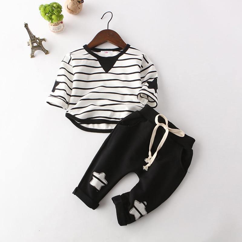 Newborn 2pc outfit: striped hoodie top and black pants with white drawstring, Stevvex baby set on Tampa Home & Garden Store