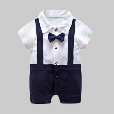 Stevvex baby romper with navy suspenders and bow tie, white shirt and navy cotton shorts 0-12M on Tampa Home & Garden Store