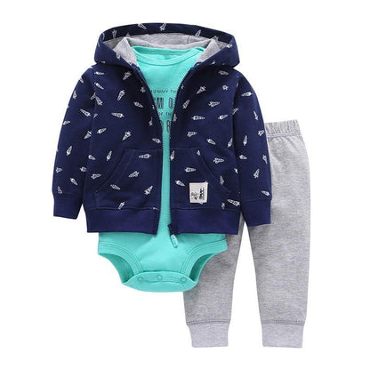 Stevvex baby cotton 3-piece set: navy hooded jacket, mint bodysuit, gray pants, newborn unisex on Tampa Home & Garden Store