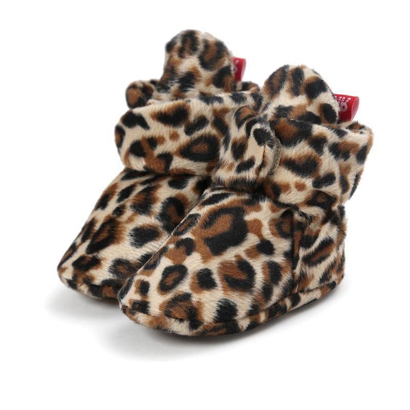 Baby leopard print faux fleece booties pair for newborns and toddlers by Stevvex on Tampa Home & Garden Store