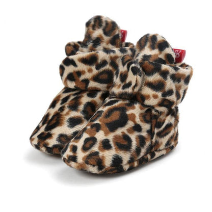 Baby leopard print faux fleece booties pair for newborns and toddlers by Stevvex on Tampa Home & Garden Store