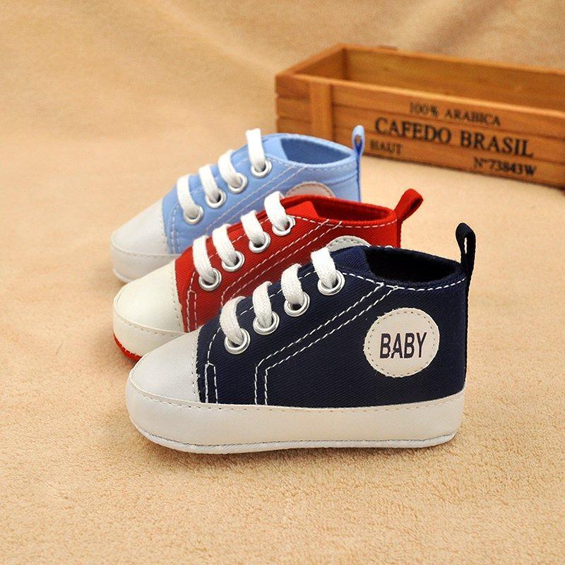 Three canvas baby first walkers sneakers in blue, red, navy; navy pair features BABY patch on Tampa Home & Garden Store