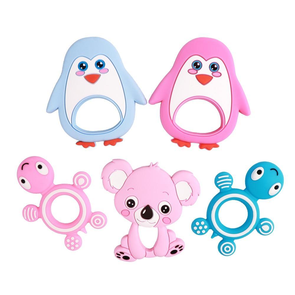 Baby silicone teether set by Stevvex of 5 animal rings in blue and pink on Tampa Home & Garden Store