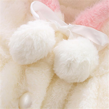 Baby rabbit-ear fur coat by Stevvex for newborn girls, fluffy white pom poms and satin bow on Tampa Home & Garden Store