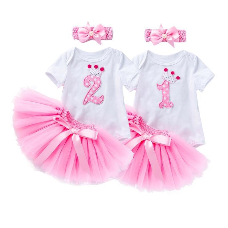 Stevvex baby birthday 2 outfits, white tees with crown numbers 1 & 2, tutus and headbands on Tampa Home & Garden Store