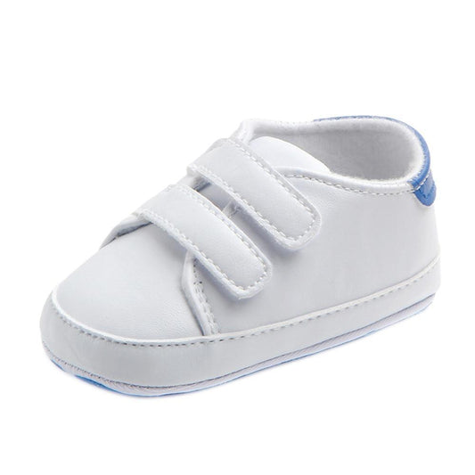 Baby shoe Stevvex in white with two Velcro straps, soft sole, blue heel tab on Tampa Home & Garden Store