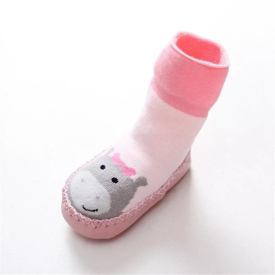 Baby bootie sock Stevvex with pink white stripes and bear face, rubber sole on Tampa Home & Garden Store