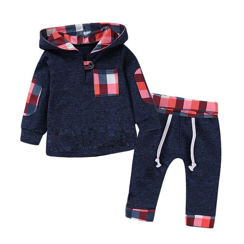 Stevvex newborn hoodie and pants 2pc outfit in navy heather with red plaid accents on Tampa Home & Garden Store