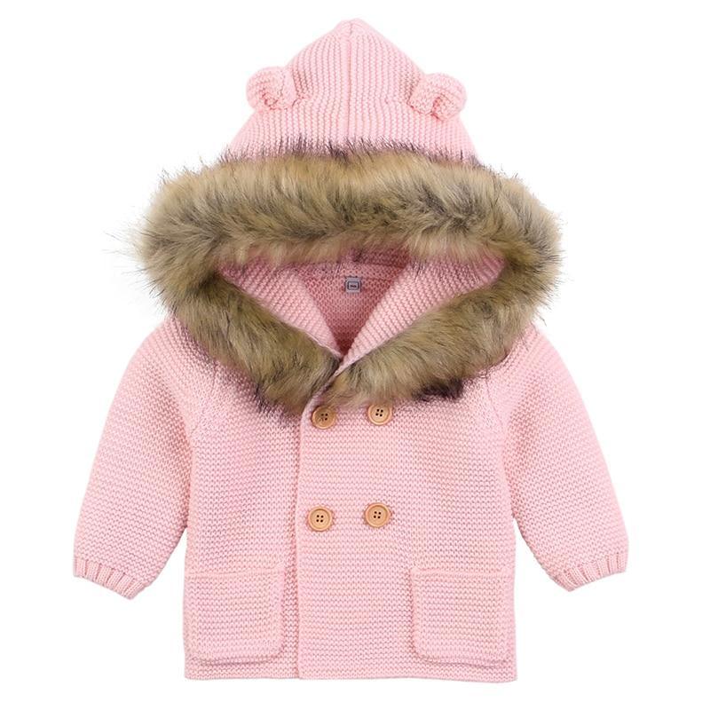 Stevvex pink knit newborn cardigan with faux fur hood, wooden buttons, front pockets on Tampa Home & Garden Store