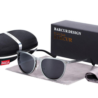 Stevvex retro aluminum magnesium round sunglasses, polarized UV400, silver metal frame, black lenses, Barcur design box on Tampa Home & Garden Store