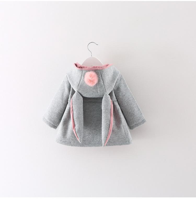 Newborn girls rabbit-ear hooded grey cotton coat with pink trim and fluffy pom-pom on hood on Tampa Home & Garden Store