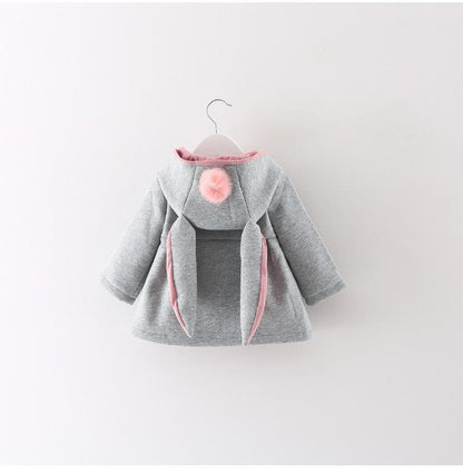 Newborn girls rabbit-ear hooded grey cotton coat with pink trim and fluffy pom-pom on hood on Tampa Home & Garden Store