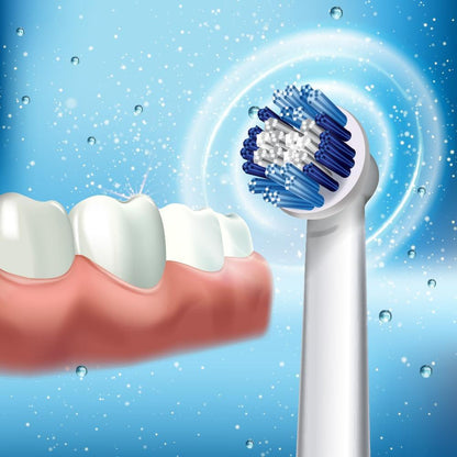 Electric sonic toothbrush head with blue white bristles beside teeth on a blue background on Tampa Home & Garden Store