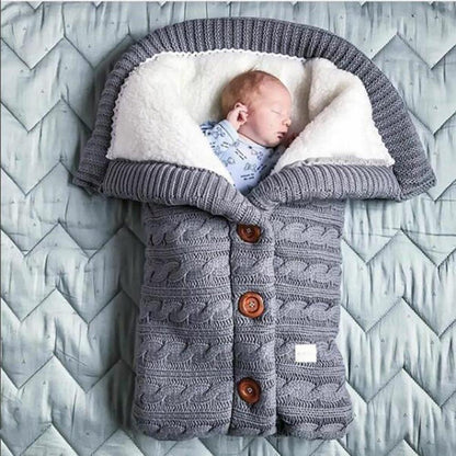 Baby swaddle blanket Stevvex gray knit with white plush lining and wooden buttons for newborns on Tampa Home & Garden Store