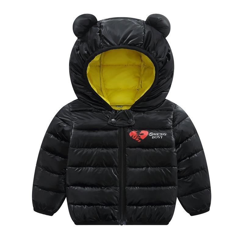 Stevvex infant hooded puffer jacket, black with yellow lining, bear-ear hood, front zipper on Tampa Home & Garden Store