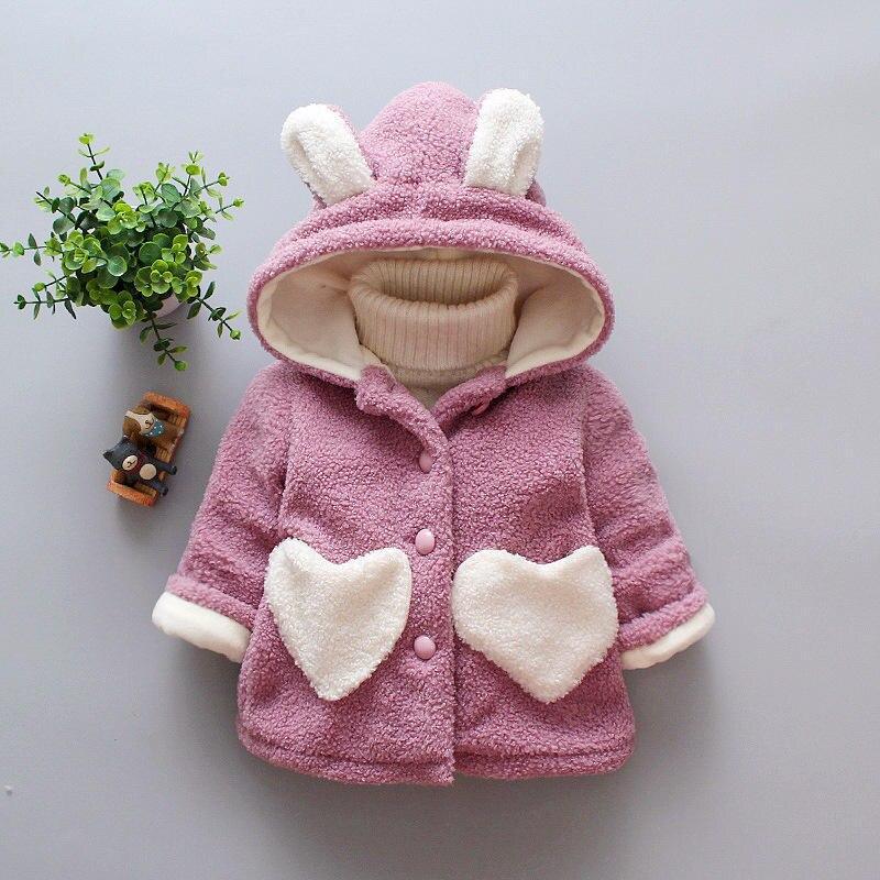 Baby girls pink velvet hooded coat with heart pockets and bunny hood, button-front Stevvex on Tampa Home & Garden Store