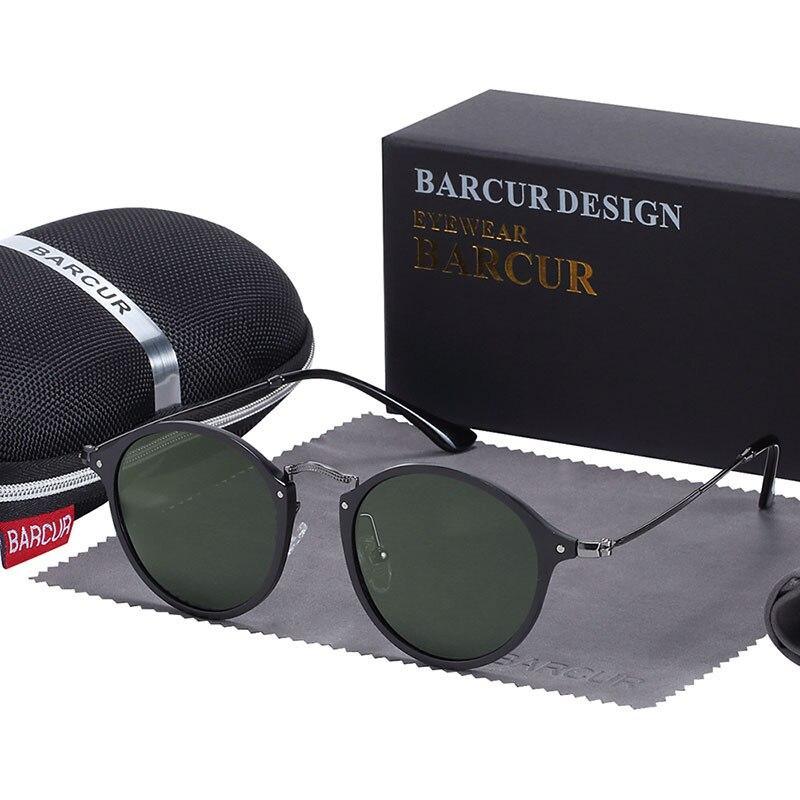 Barcur design round sunglasses with green UV400 lenses and dark metal frame on Tampa Home & Garden Store