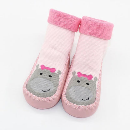 Stevvex baby warm stretchy booties with rubber soles pink with grey cartoon face pair on Tampa Home & Garden Store