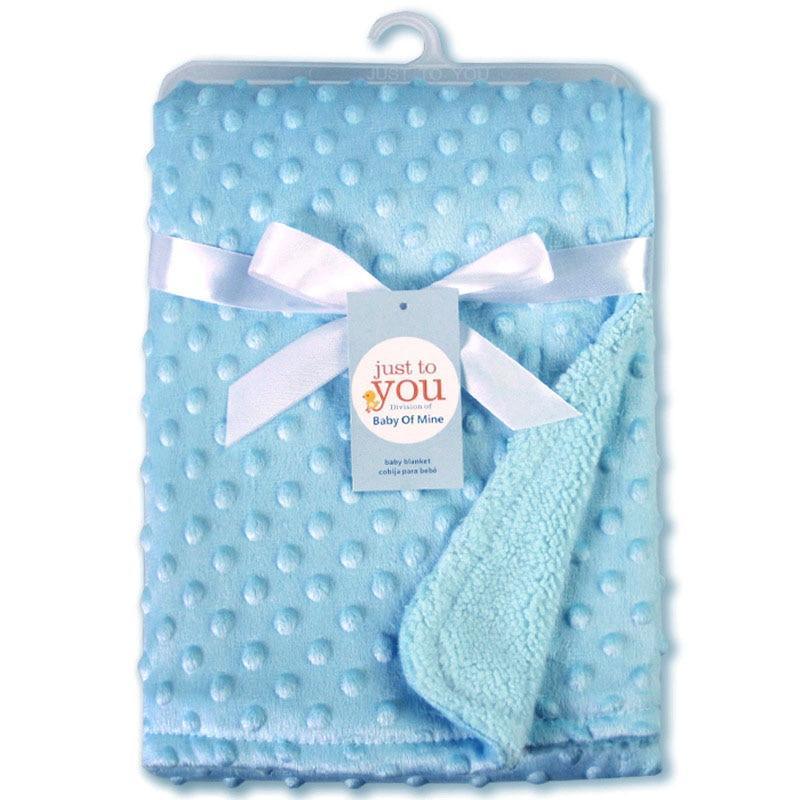 Stevvex blue minky dot baby receiving blanket with white satin ribbon on Tampa Home & Garden Store