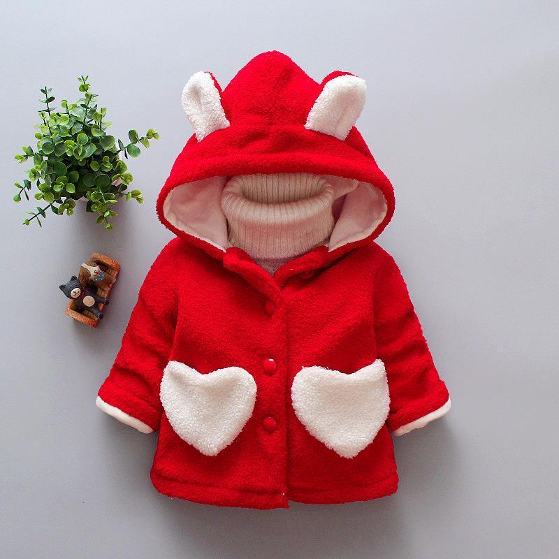 Stevvex red velvet baby winter coat for girls with hood ears and white heart-shaped pockets on Tampa Home & Garden Store