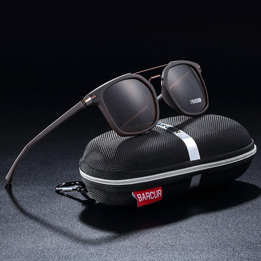 Stevvex TR90 sunglasses brown frame gray lenses UV400 on black zip case on Tampa Home & Garden Store