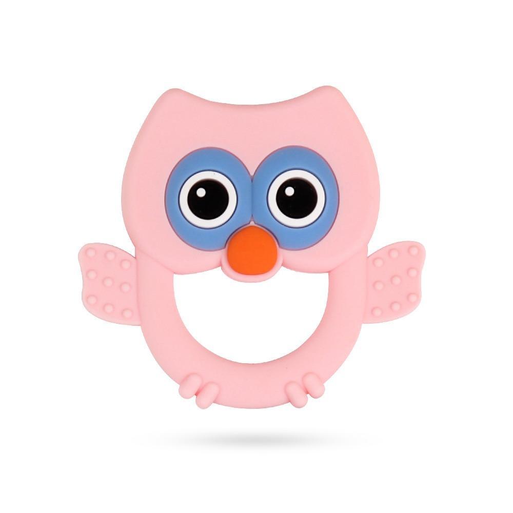 Stevvex baby silicone teether owl ring with pink body, blue eyes, orange beak, textured wings on Tampa Home & Garden Store