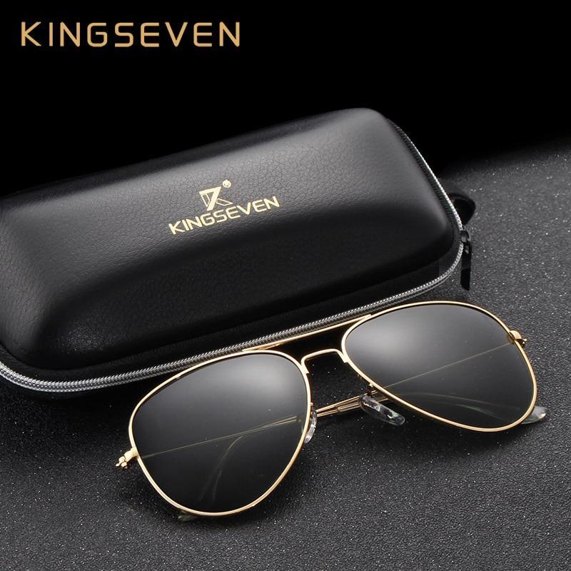 Aviator sunglasses with gold metal frame and polarized lenses in front of KINGSEVEN case on Tampa Home & Garden Store