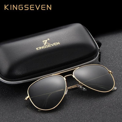 Aviator sunglasses with gold metal frame and polarized lenses in front of KINGSEVEN case on Tampa Home & Garden Store