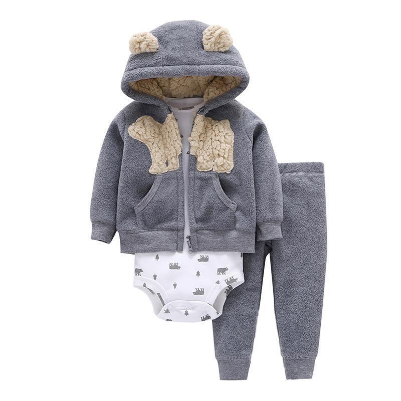 Stevvex baby fleece 3-piece: gray hooded jacket with sherpa lining, pants and bodysuit on Tampa Home & Garden Store