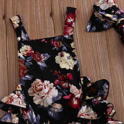 Stevvex baby floral romper set with headband, sleeveless black jumpsuit with cream red flowers on Tampa Home & Garden Store