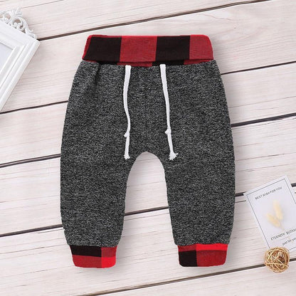 Newborn 2pc hoodie pants set by Stevvex grey marled knit with red plaid cuffs on Tampa Home & Garden Store