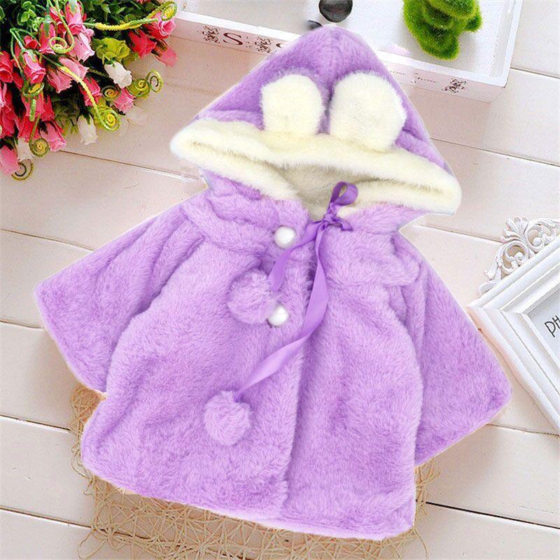 Lavender plush baby coat with rabbit-ear hood, white faux fur trim, ribbon ties on Tampa Home & Garden Store