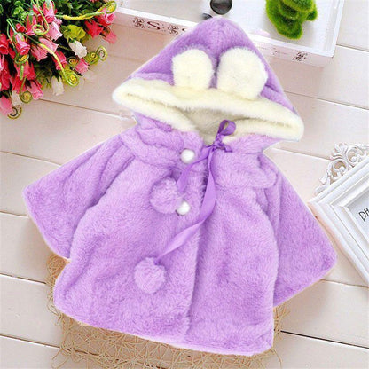 Lavender plush baby coat with rabbit-ear hood, white faux fur trim, ribbon ties on Tampa Home & Garden Store