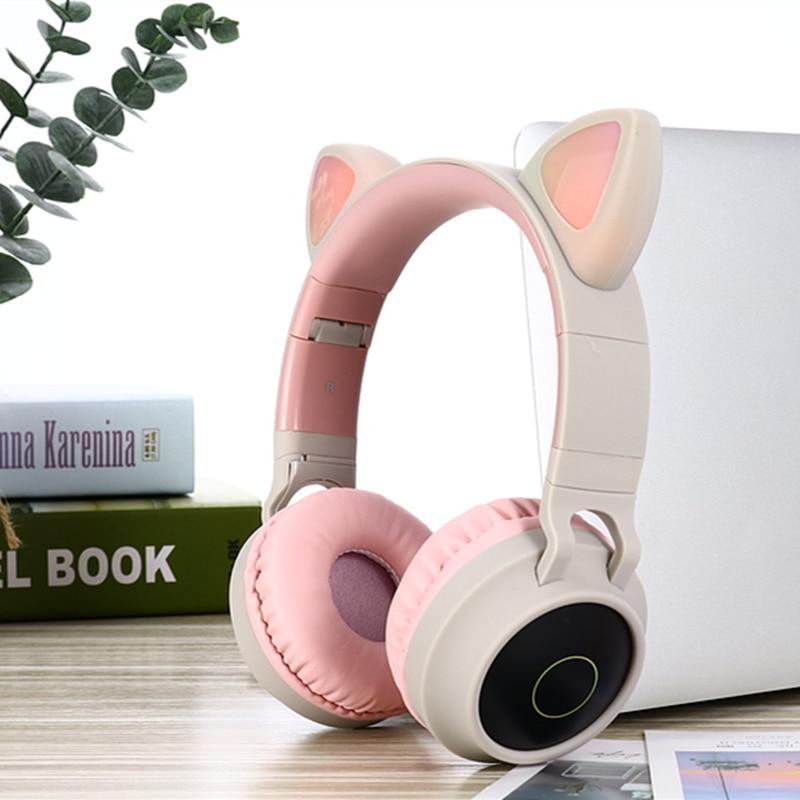 Stevvex pink cat-ear over-ear headphones with beige frame and pink cushions Bluetooth 5.0 on Tampa Home & Garden Store