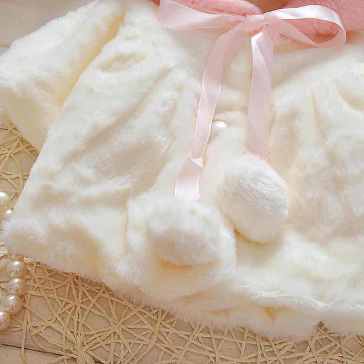 Baby girls fur coat white plush hooded jacket Stevvex with pink ribbon and pom pom accents on Tampa Home & Garden Store